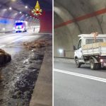 In fiamme il foraggio a bordo del furgone, panico nella galleria sulla 125
